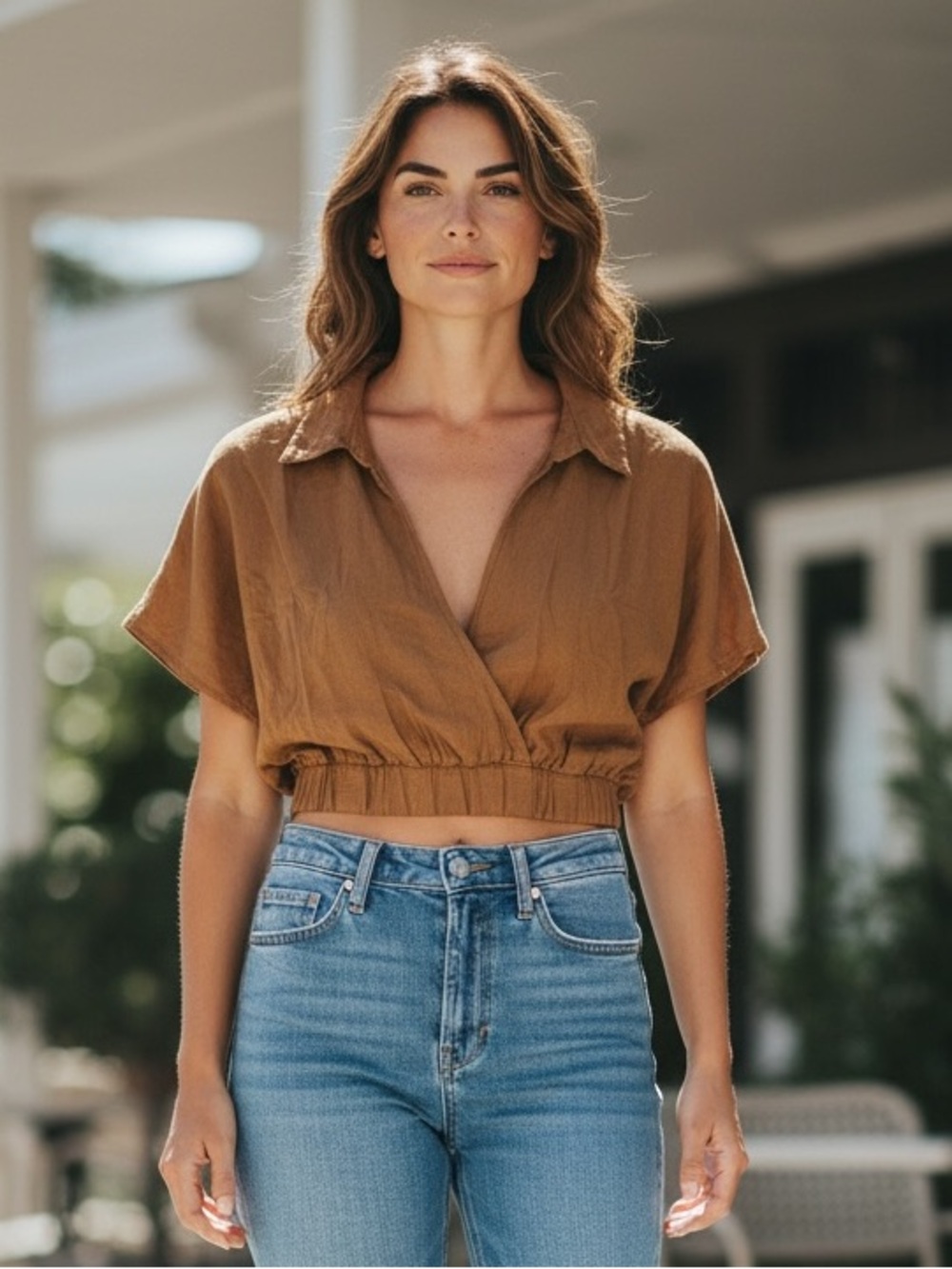 Zenana NEW Cropped Collared Wrap Top in Brown Linen  blend